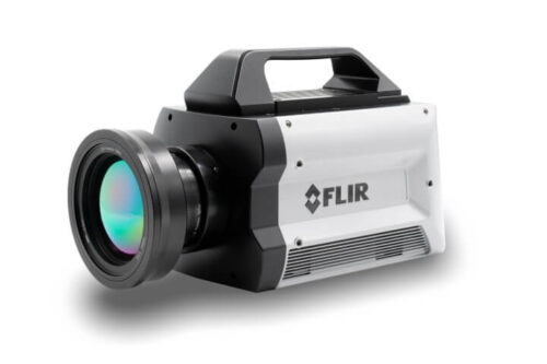 The FLIR X8581-HS SLS R&D camera in front view. On the side of the camera is the FLIR logo.