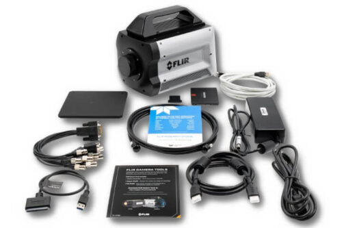 FLIR X698x and FLIR X858x series camera with the contents from the case displayed next to it.