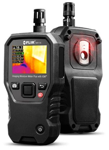 Digital FLIR MR176 moisture meter with front and rear view display.